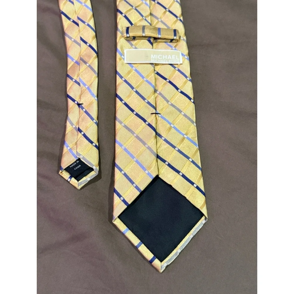 Michael Kors Mens‎ Tie Necktie One Size Yellow & Blue 100% Silk Plaid RN121148